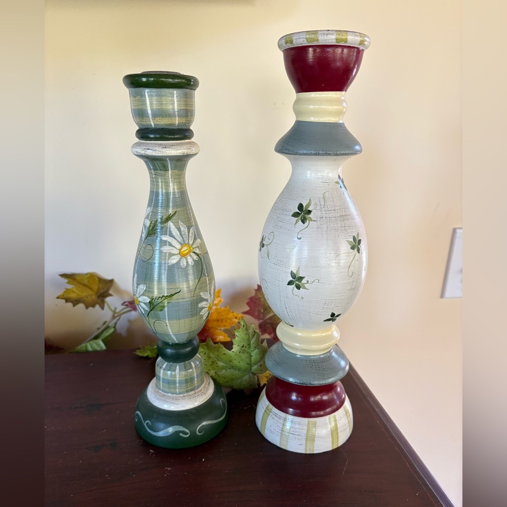Hand Painted Wooden Candlesticks Candleholders Artist Signed Pam Houghton 1999